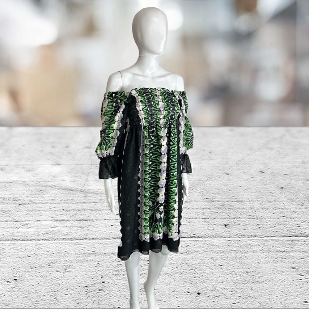 Anna Sui Green Floral Print 3/4 Sleeve Shift Dresss